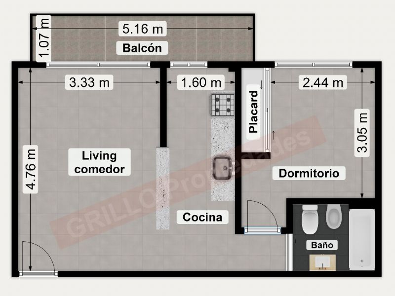 Cocina semi integrada. de Departamento 2 ambientes. Balcón. Opción cochera.
