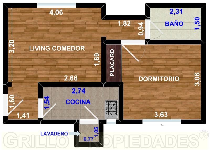 Plano de distribución y medidas. de Departamento 2 ambientes. Baño completo. Cocina independiente. Bajas expensas.