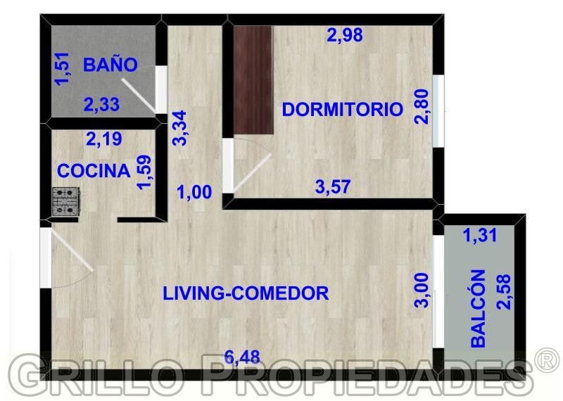 Plano de distribución y medidas. de Departamento dos ambientes. Aire acondicionado. SUM. Parilla. Jacuzzi. Laundry.