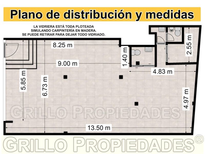 Plano de distribución y medidas. de Local en alquiler frente al Complejo Alrío. Sin expensas.