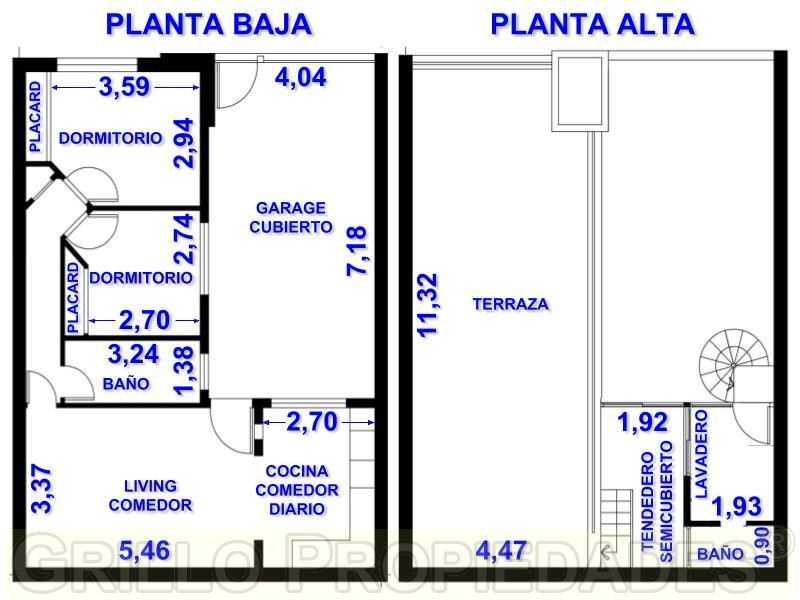 Plano de distribución y medidas. de Casa tres ambientes en lote propio. 98m2. Cochera, lavadero y terraza.