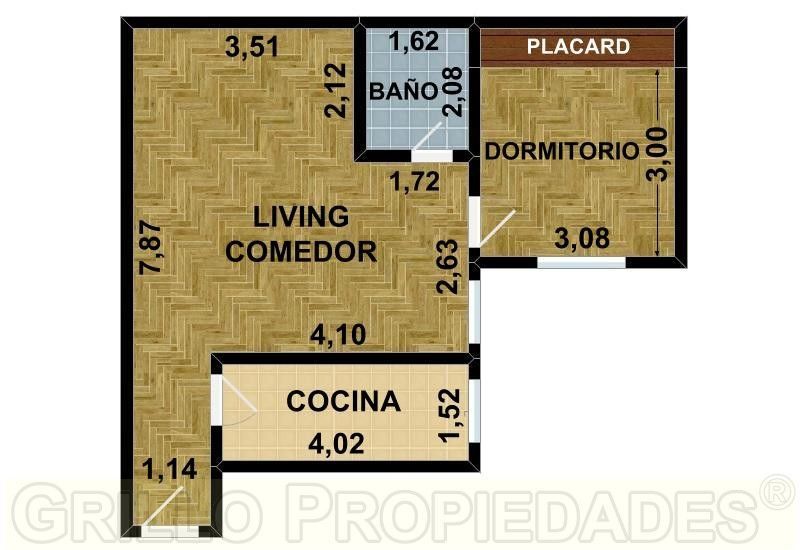 Plano de distribución y medidas. de Departamento dos ambientes. Cocina independiente. Baño completo.
