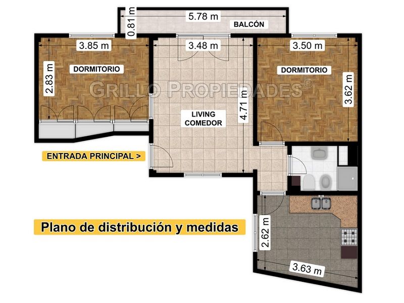 Plano de distribución y medidas. de Departamento 3 ambientes. Bajas expensas tipo PH. Terraza. Balcón.